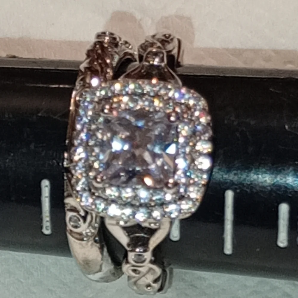 Sterling Silver Engagement And Wedding Band Ring Set/NWOT/Cocktail Ring & Band - Picture 10 of 16